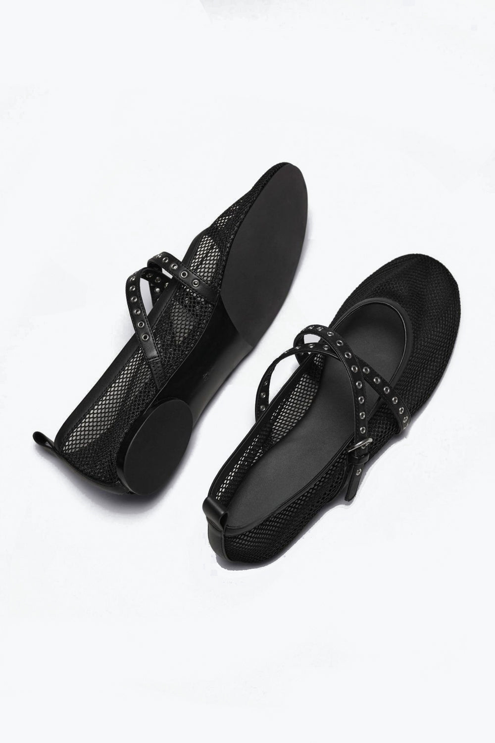 Mesh Ballet Flats with Double Strap Detail - Black
