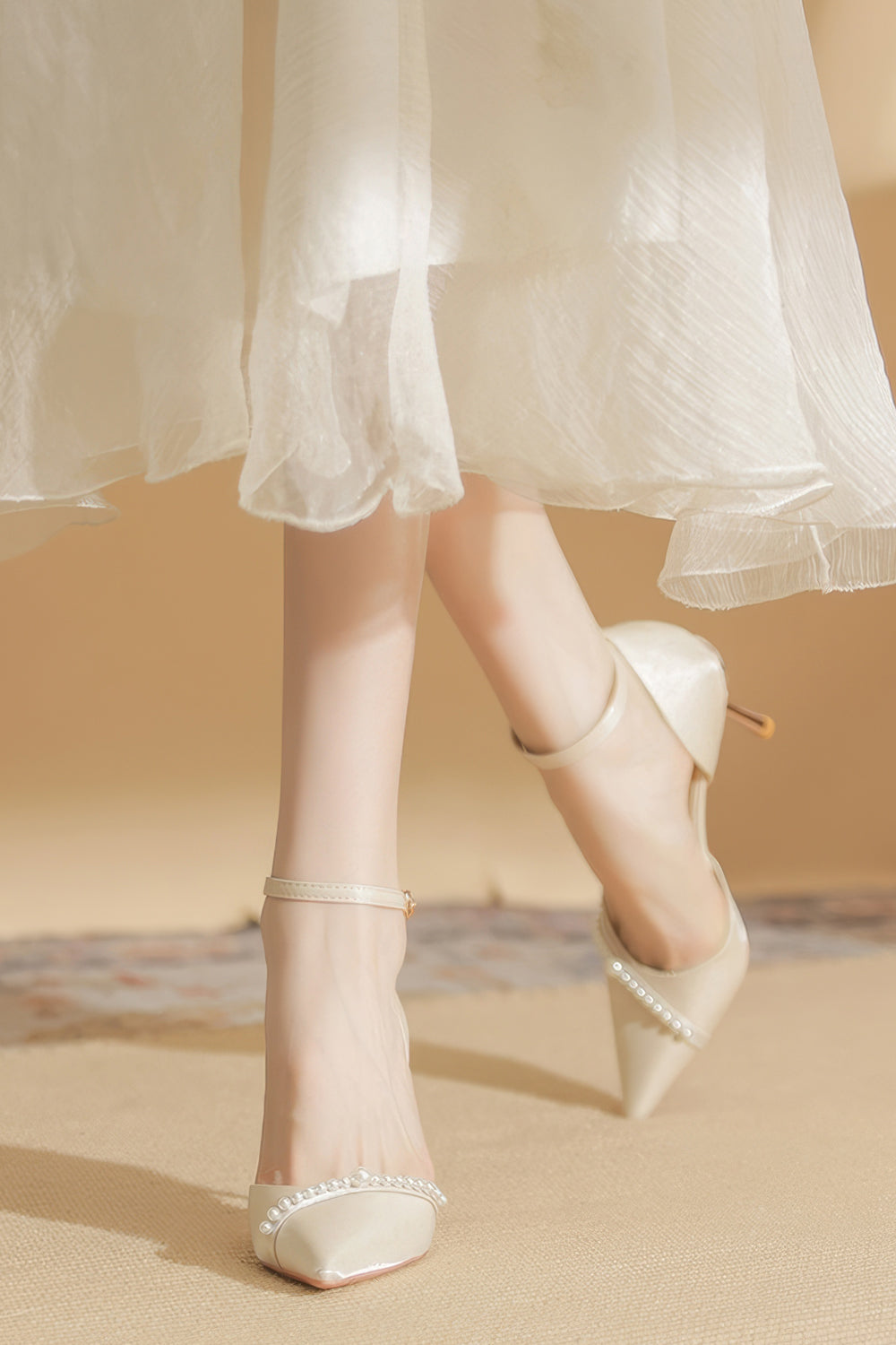 Pointed Toe Heels with Pearl Strap and Ankle Buckle - Apricot