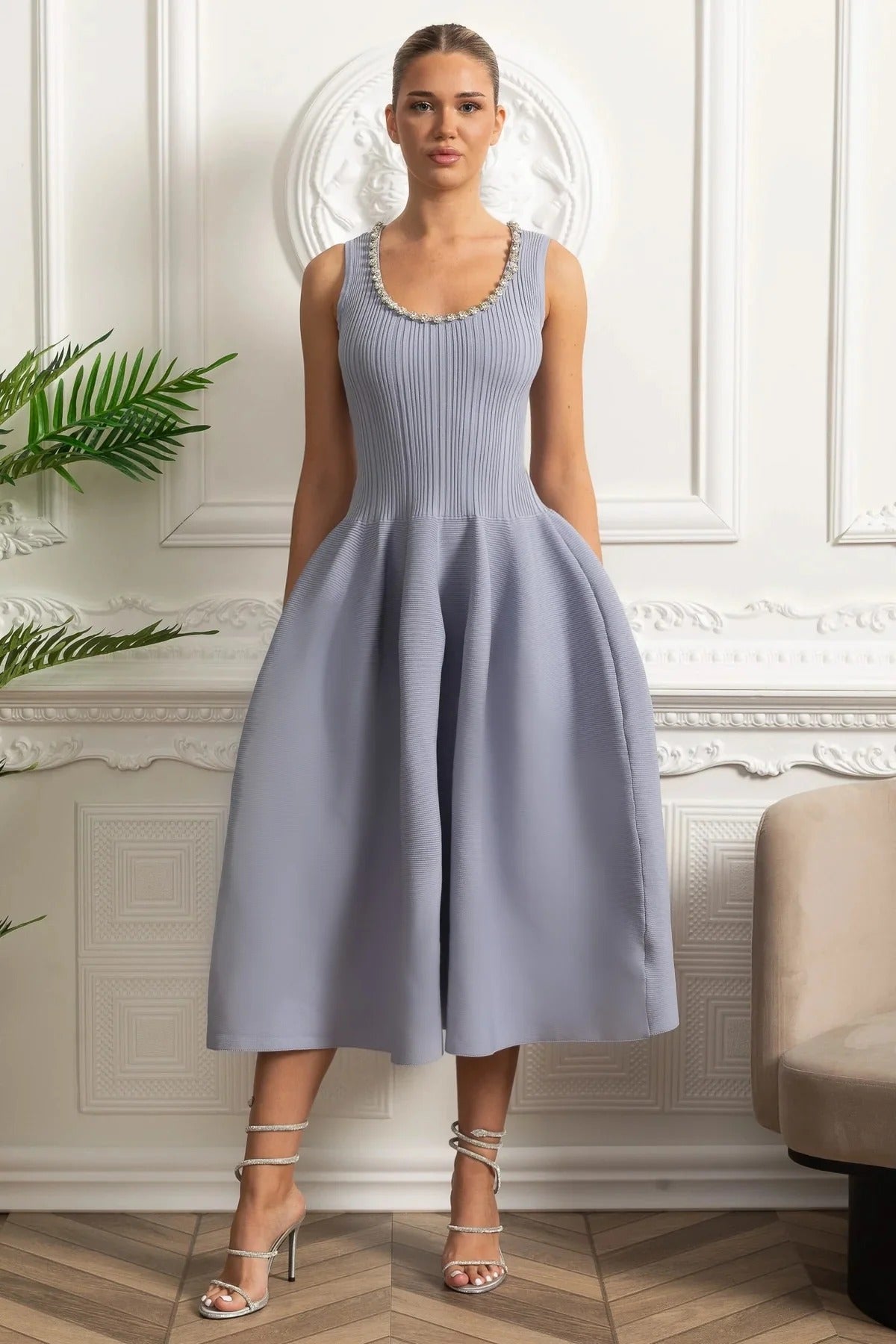 Sleeveless Knit Midi Dress With Embellished Scoop Neckline - Blue