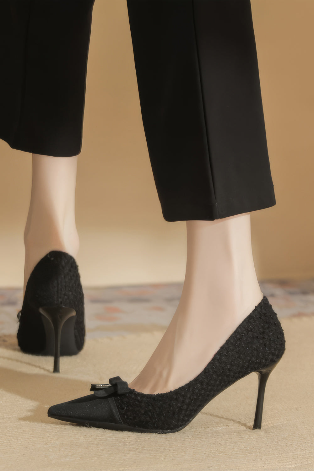 Pointed Toe Heels with Bow and Rhinestone Detail - Black