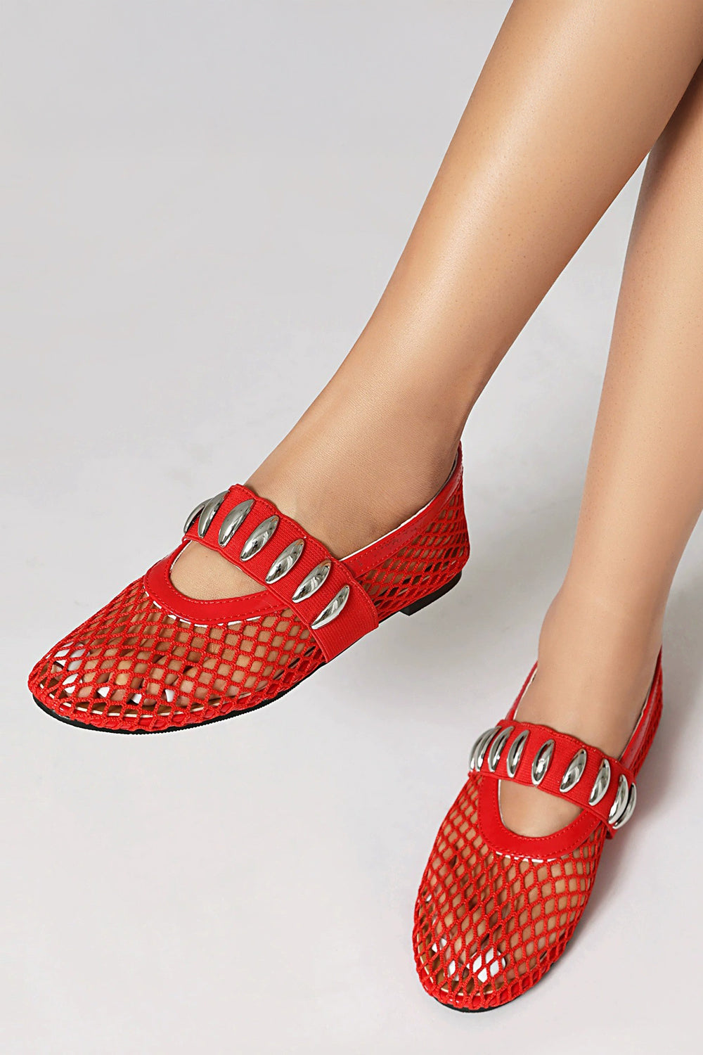 Mesh Slip-On Flats with Metal Stud Strap - Red