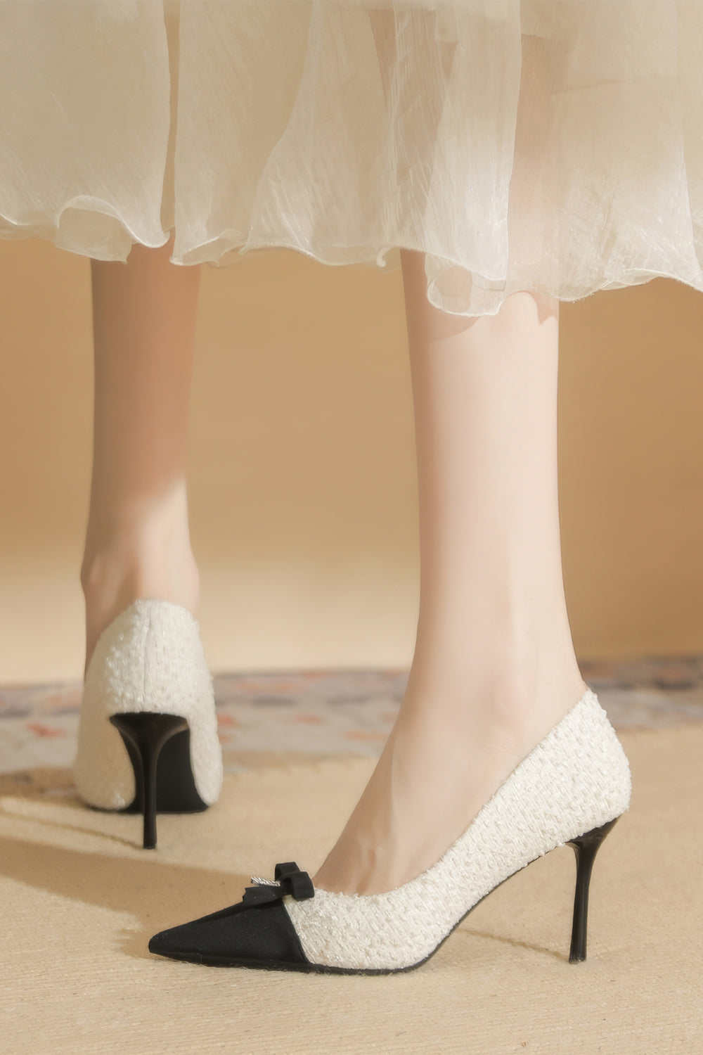 Pointed Toe Heels with Bow and Rhinestone Detail - White