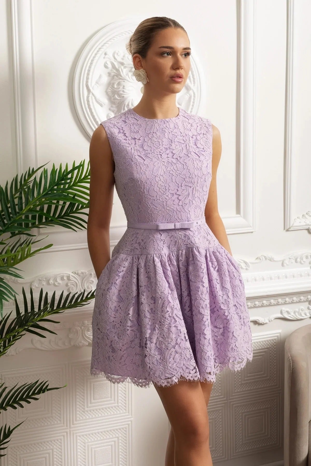 Pearl Trim Cropped Jacket And Pleated Skirt Set - Purple