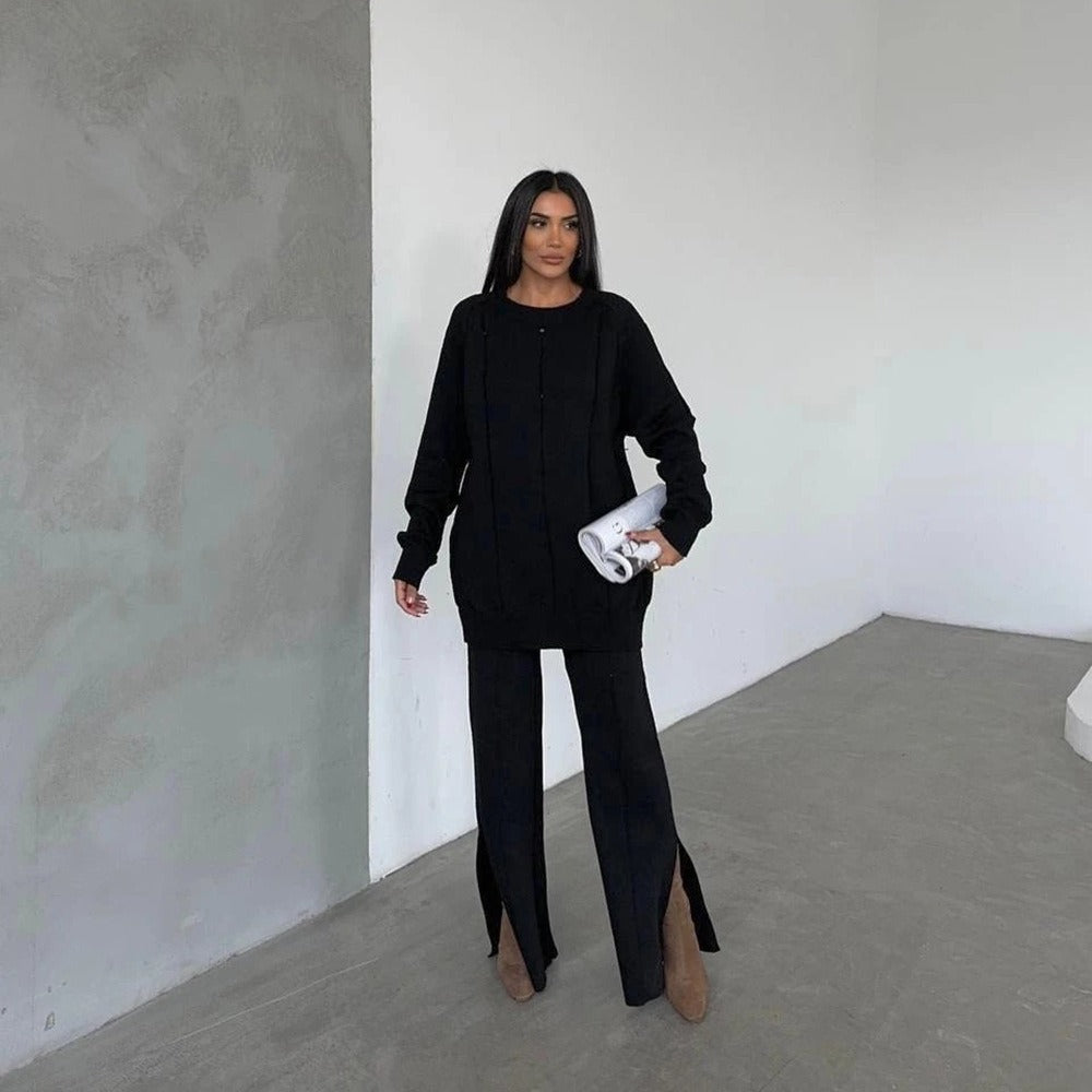 Two-Piece Knitted Set with Sweater and Wide-Leg Trousers - Black
