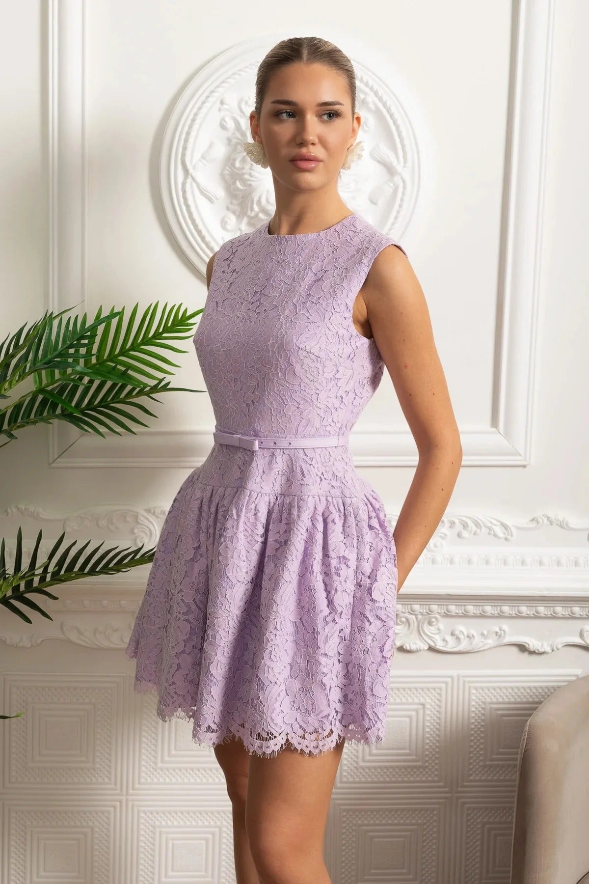 Pearl Trim Cropped Jacket And Pleated Skirt Set - Purple