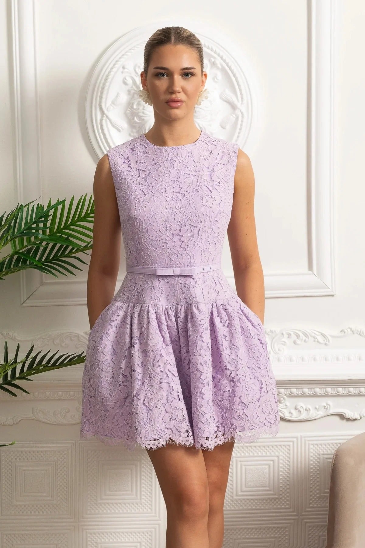 Pearl Trim Cropped Jacket And Pleated Skirt Set - Purple