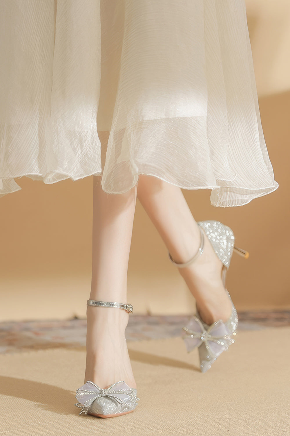 Glitter Heels with Large Bow and Ankle Strap - Silver
