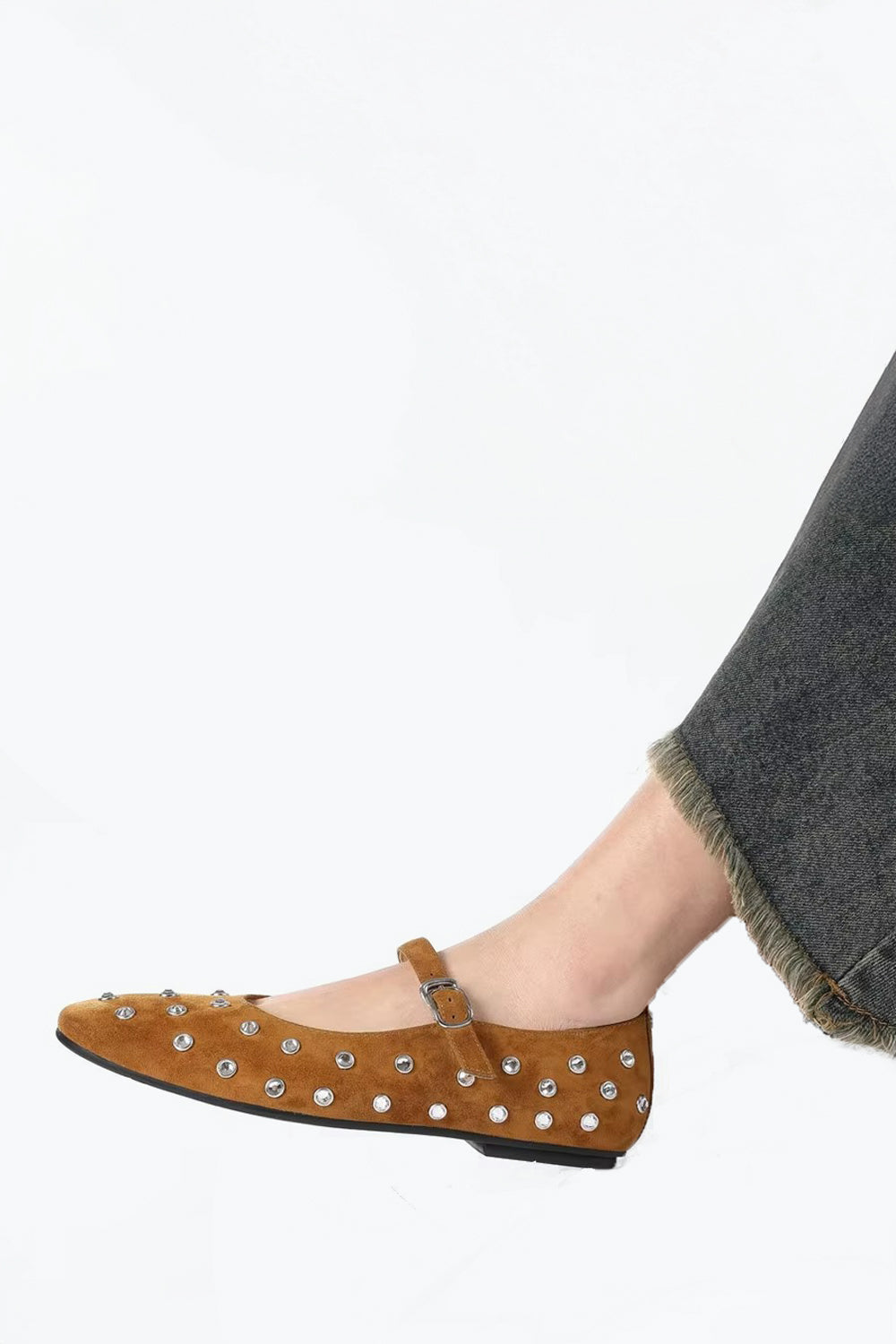 Flat Shoes with Round Stud Detailing - Brown
