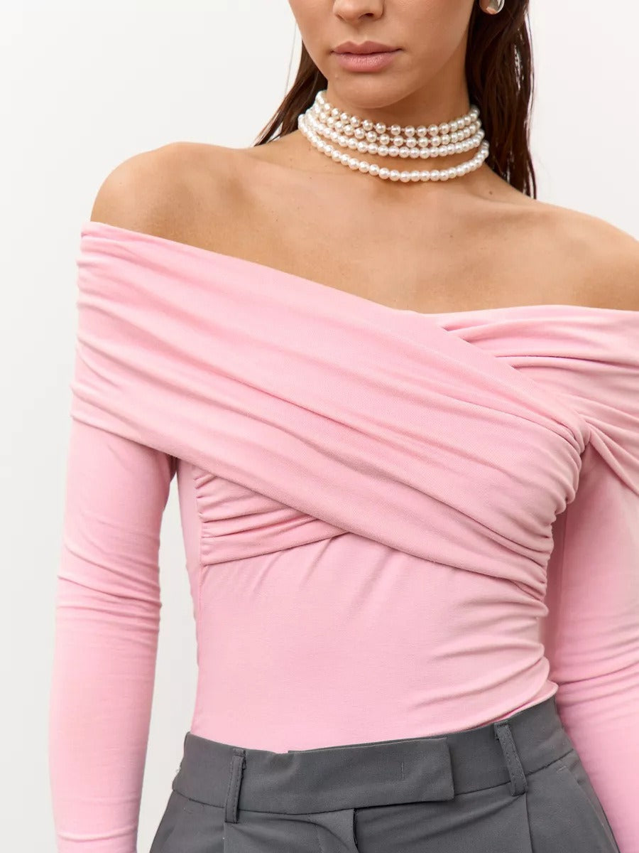 Off Shoulder Long Sleeve Draped Top - Light Pink