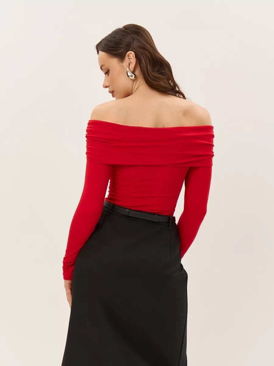 Off Shoulder Long Sleeve Draped Top - Red