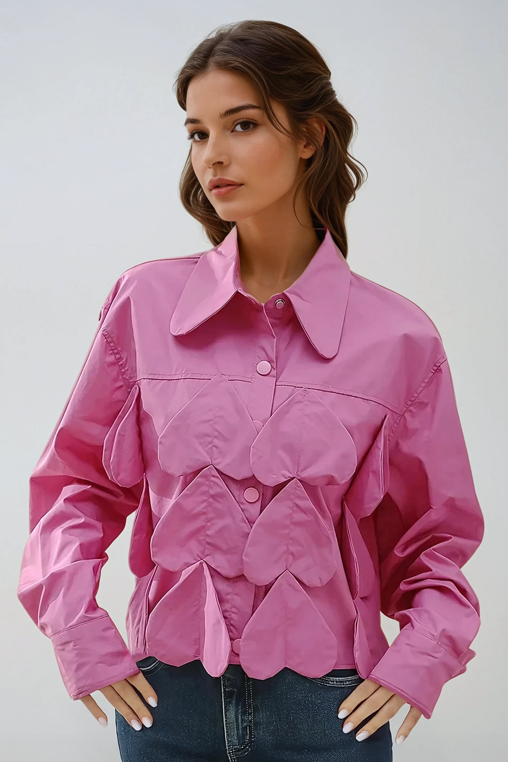 Long Sleeve Button-Up Cropped Top with Heart Details - Pink