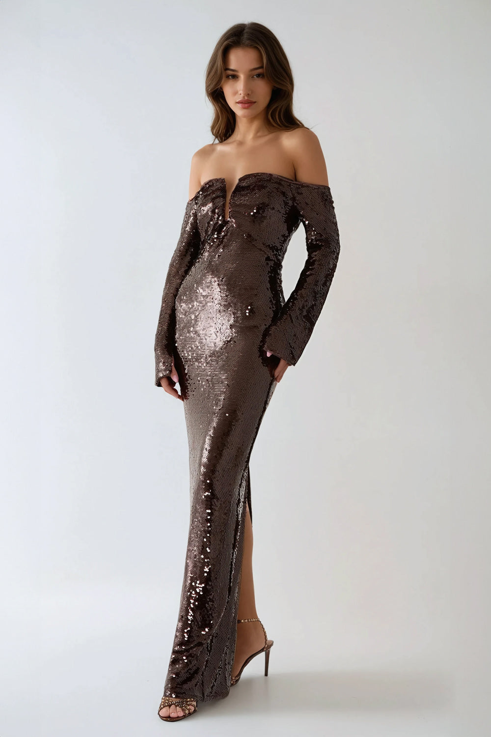 Off-Shoulder Sequin Maxi Dress - Brown