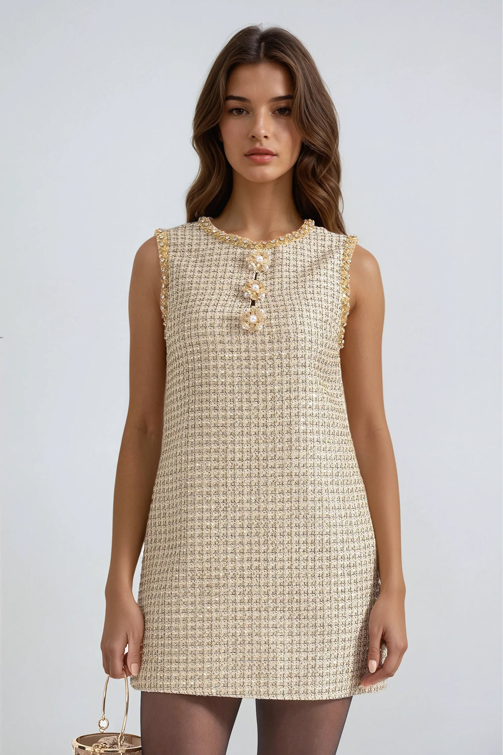 Beaded Trim Sleeveless Mini Dress - Beige