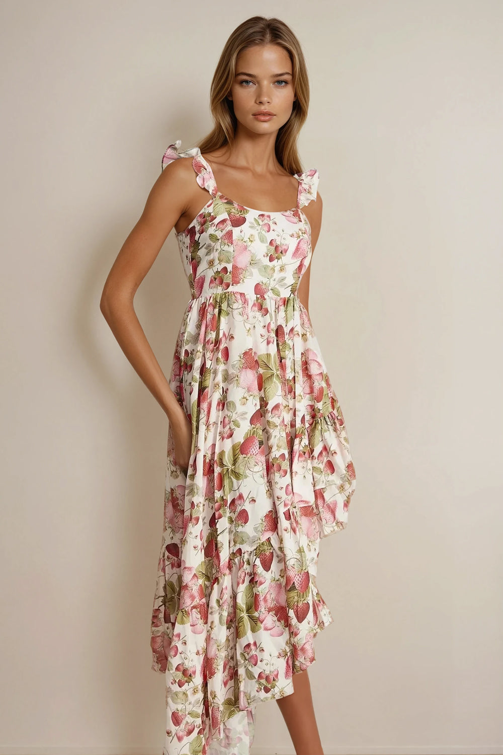 Floral Ruffle Strap Asymmetrical Midi Dress - White