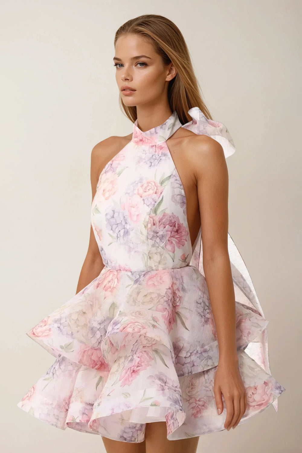 Halter Neck Mini Dress with Layered Skirt and Bow Back - Pink