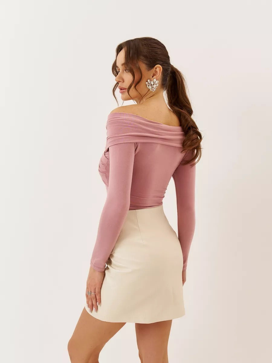 Off Shoulder Long Sleeve Draped Top - Pink