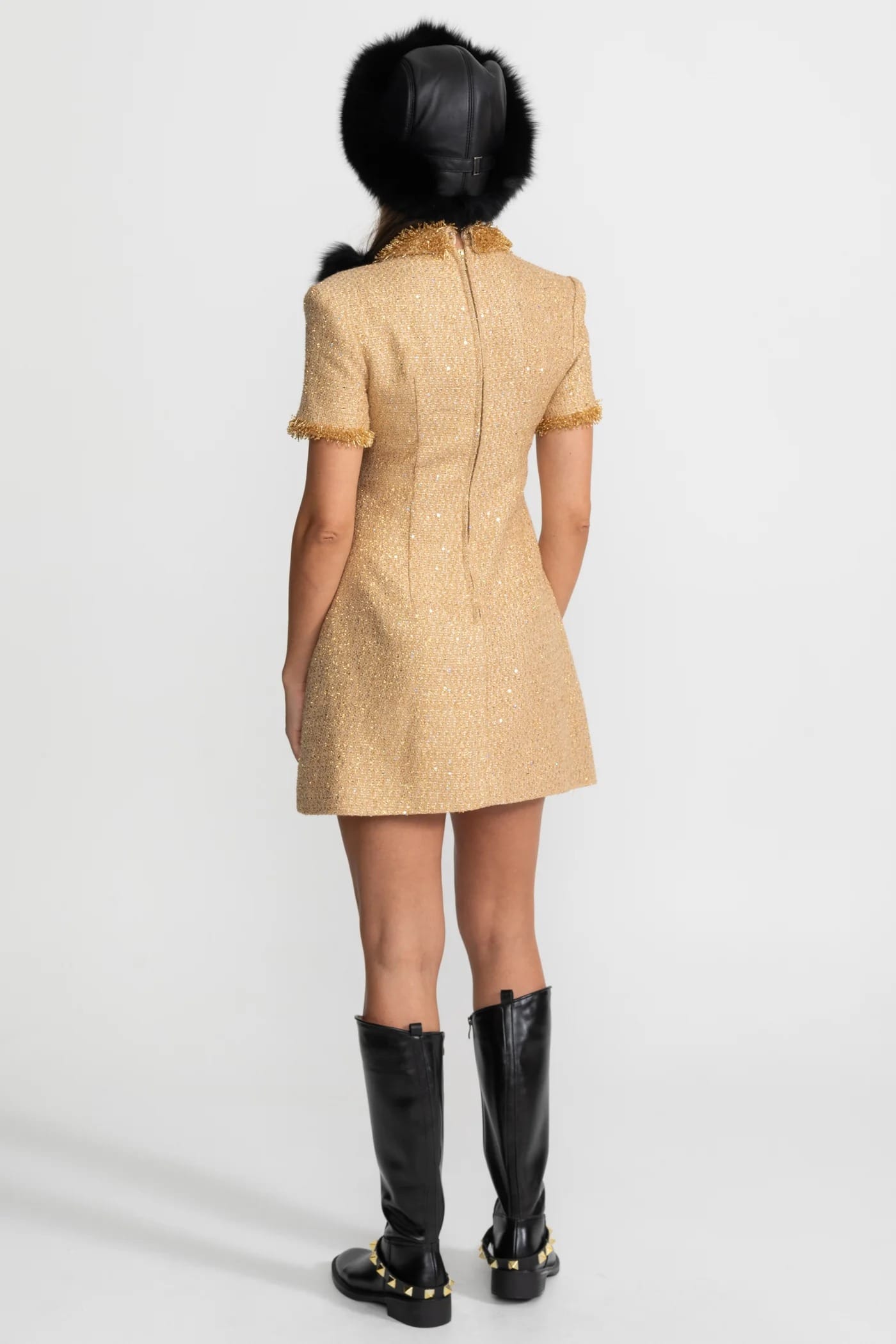 Short Sleeve Mini Dress with Textured Collar and Trim - Gold