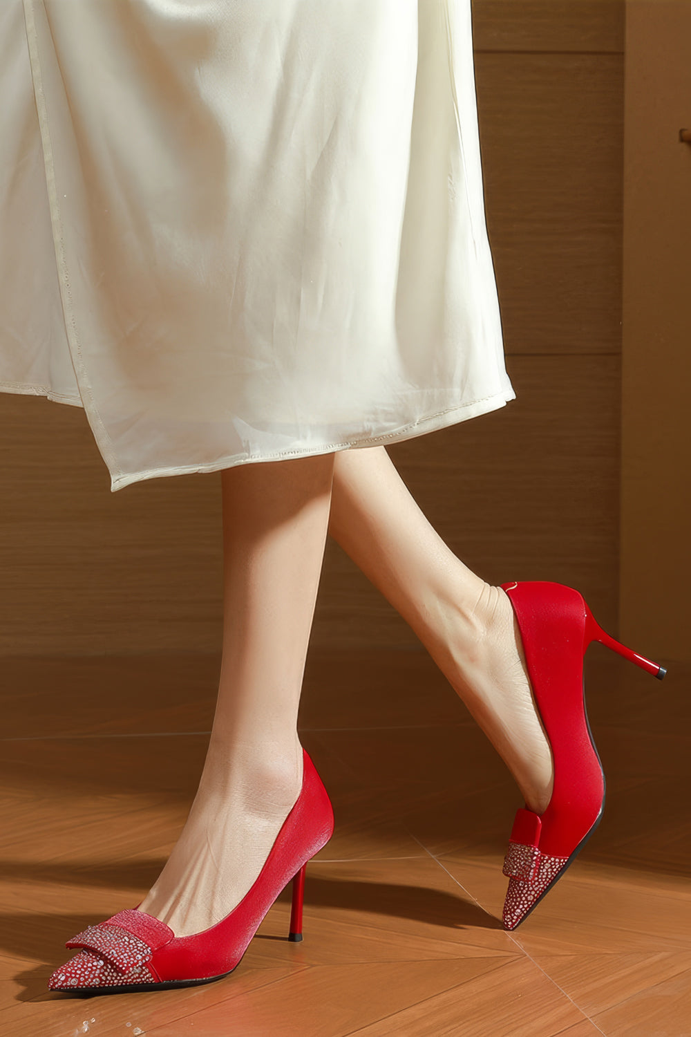 Crystal Buckle Detail Pointed Toe Heels - Red