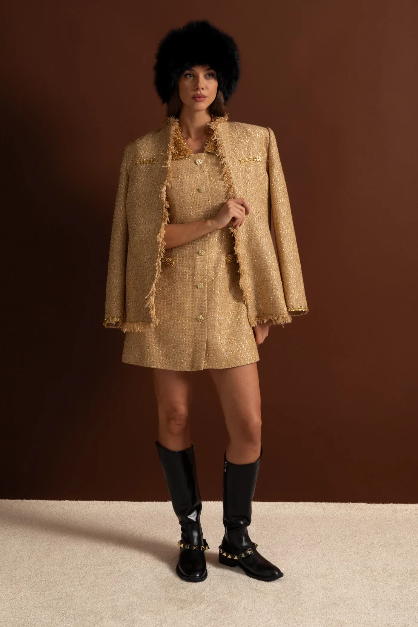 Long Sleeve Coat with Fringed Edges and Sequin Detail - Gold