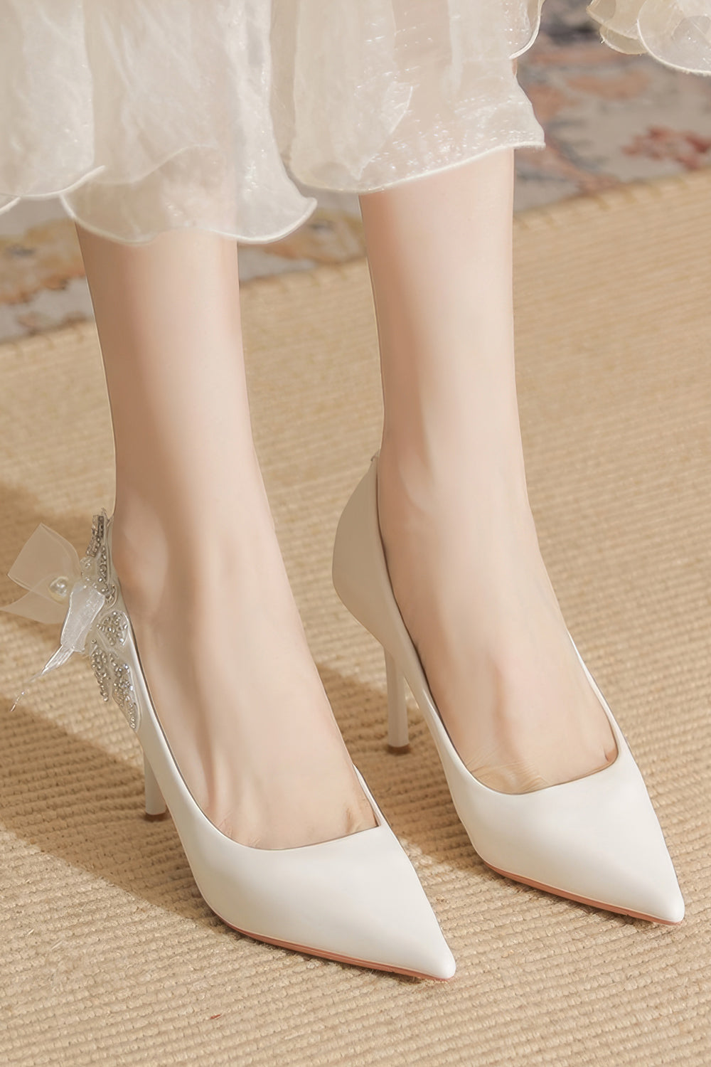 Pointed Toe Heels with 3D Floral Accent - White