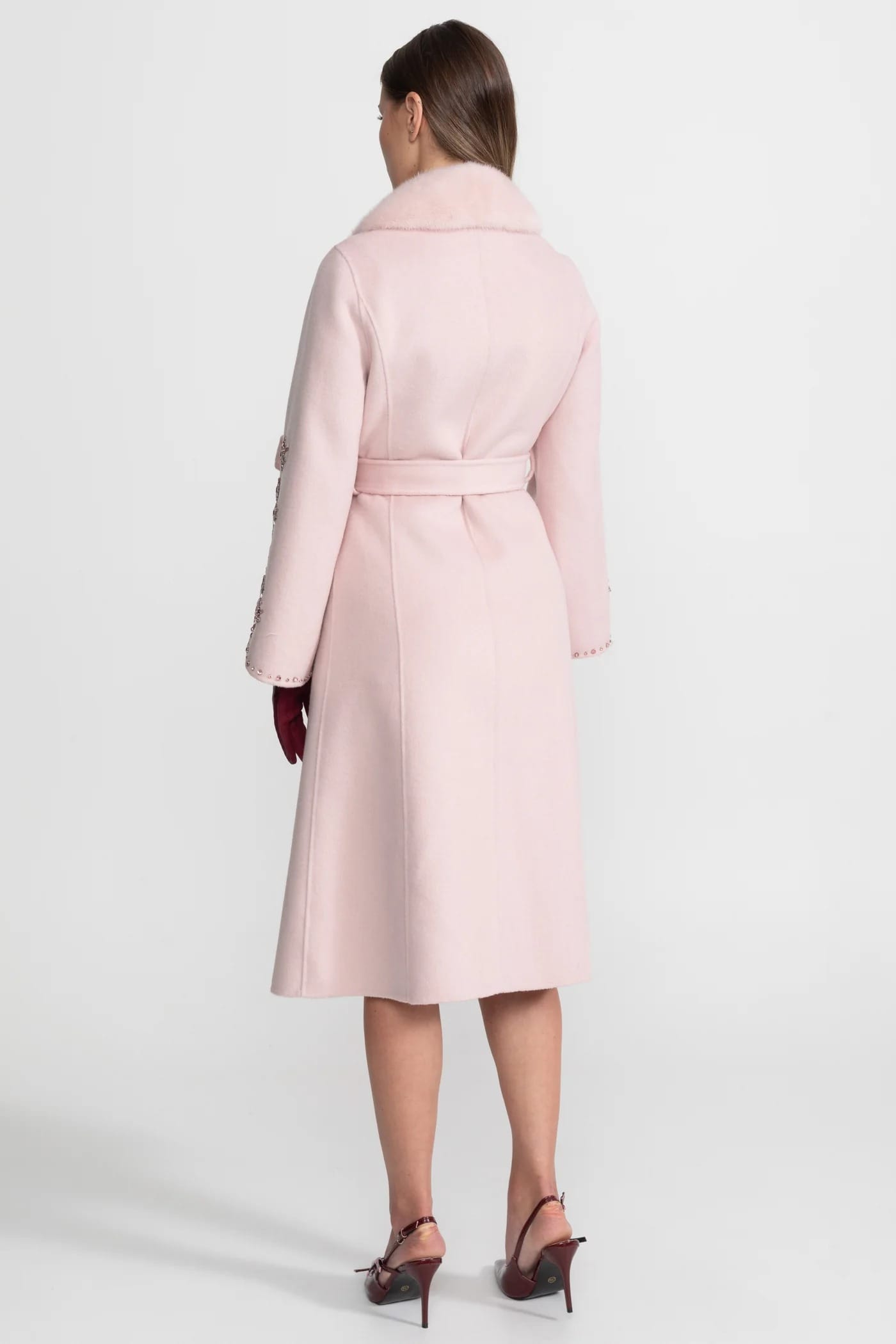 Long Coat with Embellished Sleeves and Fur Collar - Pink