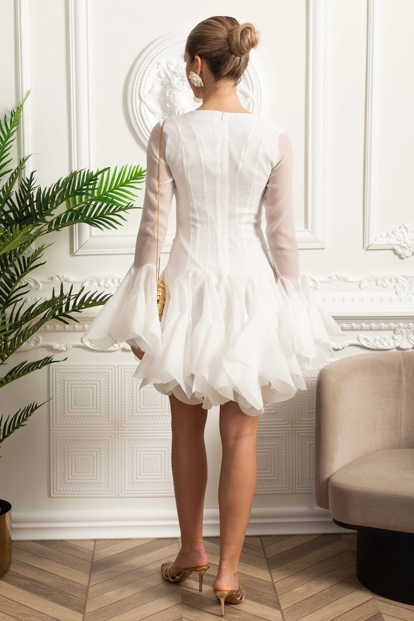 Sheer Sleeve Mini Dress With Layered Hemline - White