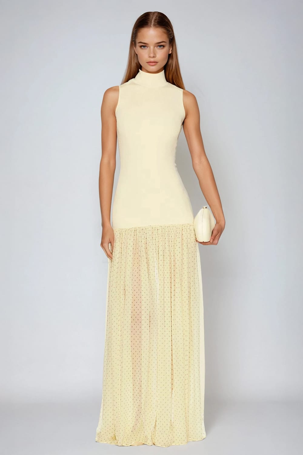 Sleeveless Maxi Dress with Sheer Dotted Skirt - Yellow