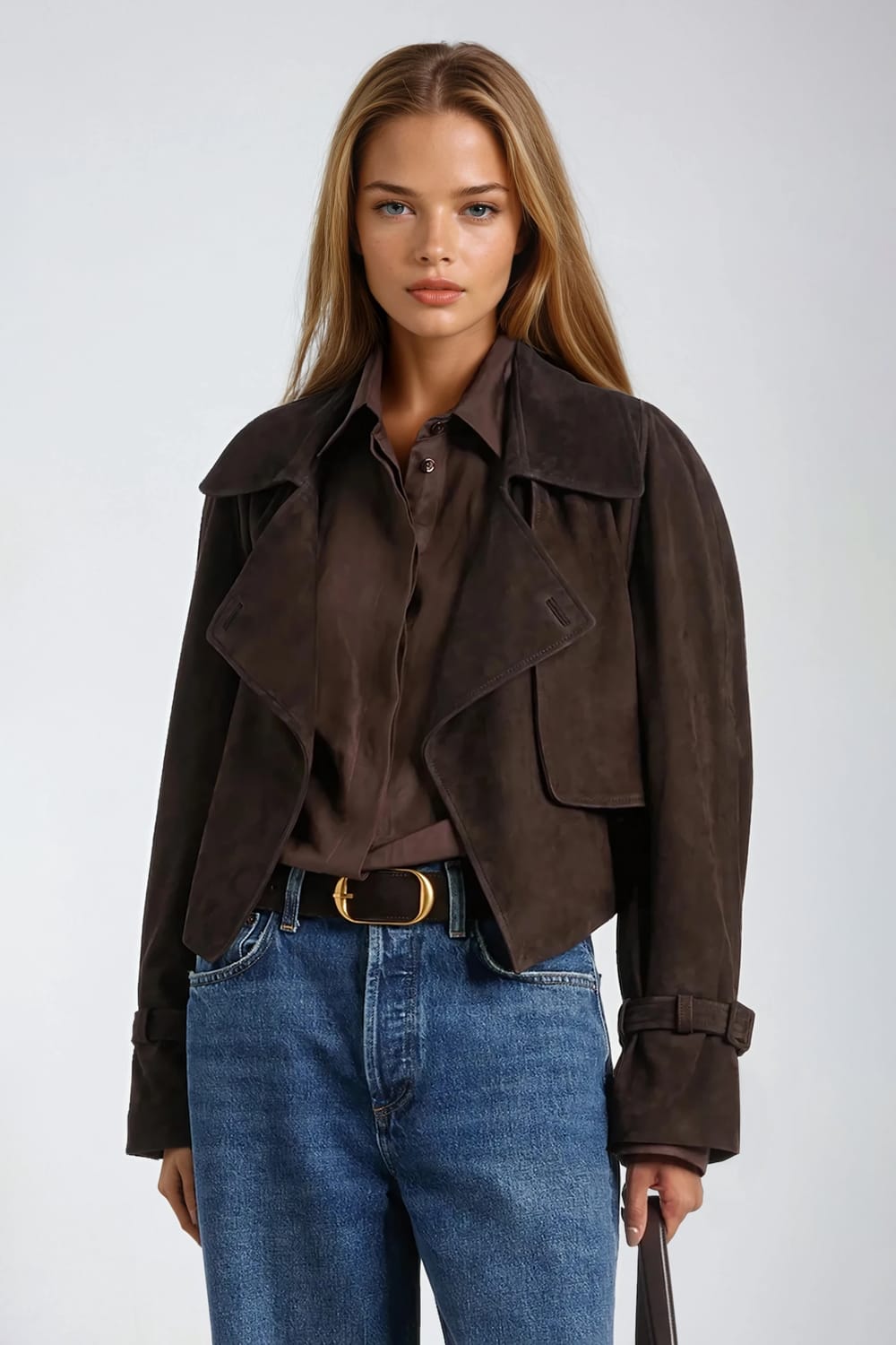 Cropped Belted Jacket - Brown