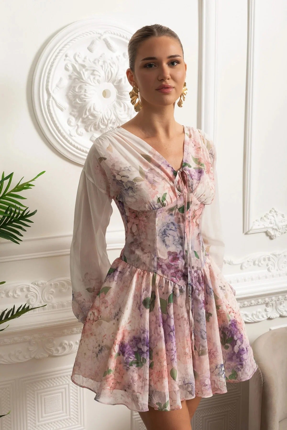 Floral Puff Sleeve Mini Dress With Sheer Sleeves - Pink