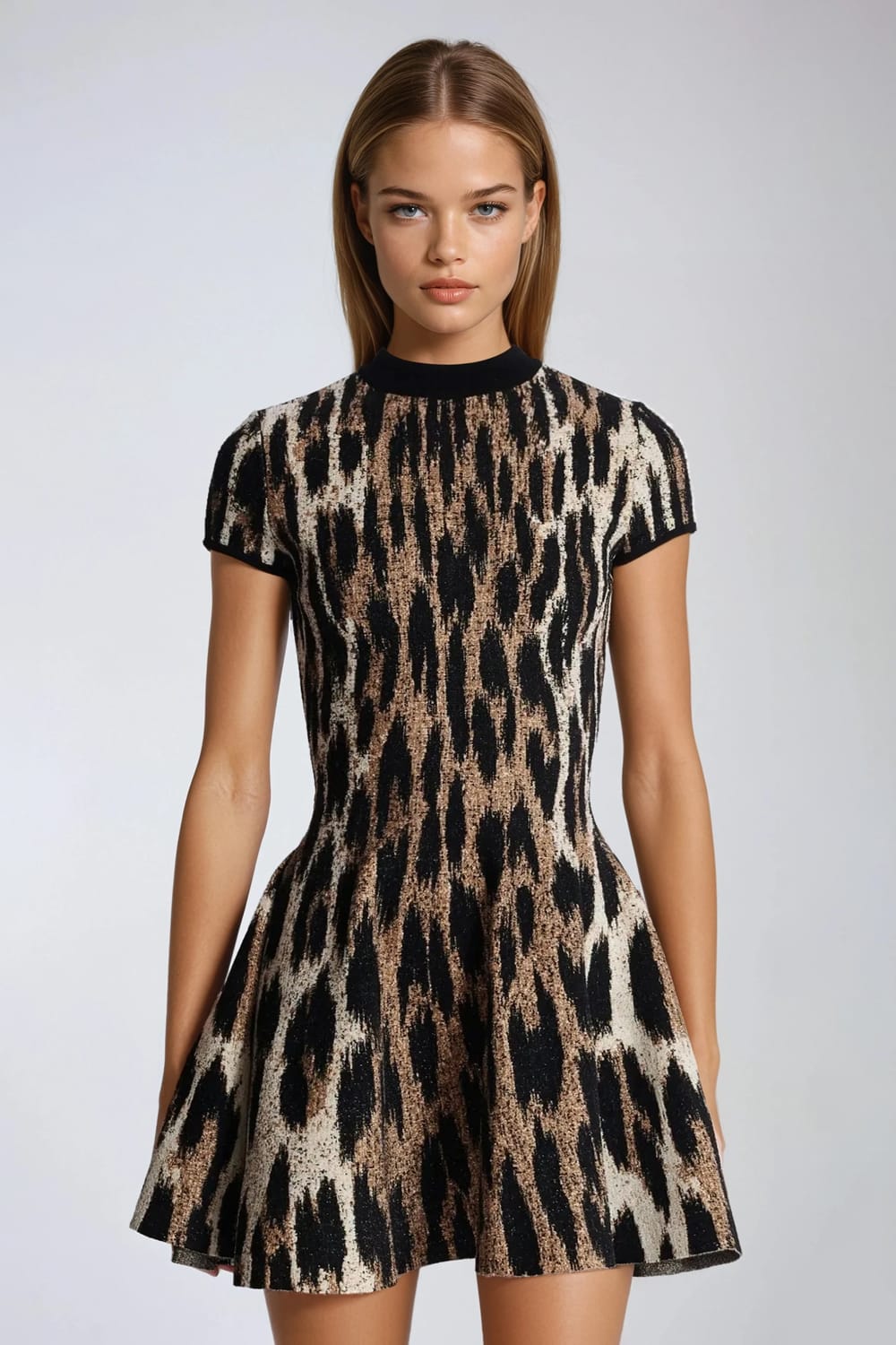 Short Sleeve Pattern Mini Dress - Brown