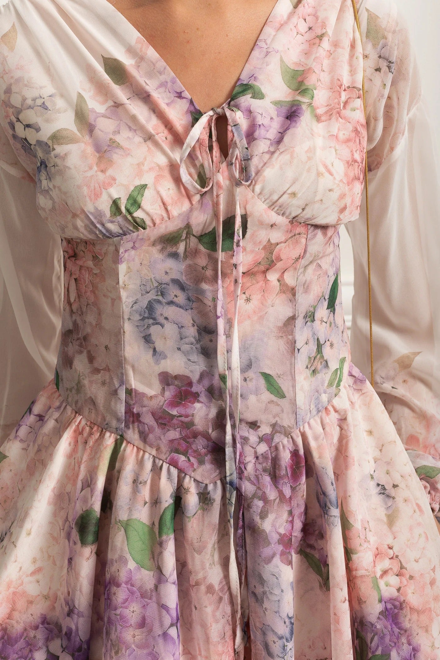 Floral Puff Sleeve Mini Dress With Sheer Sleeves - Pink