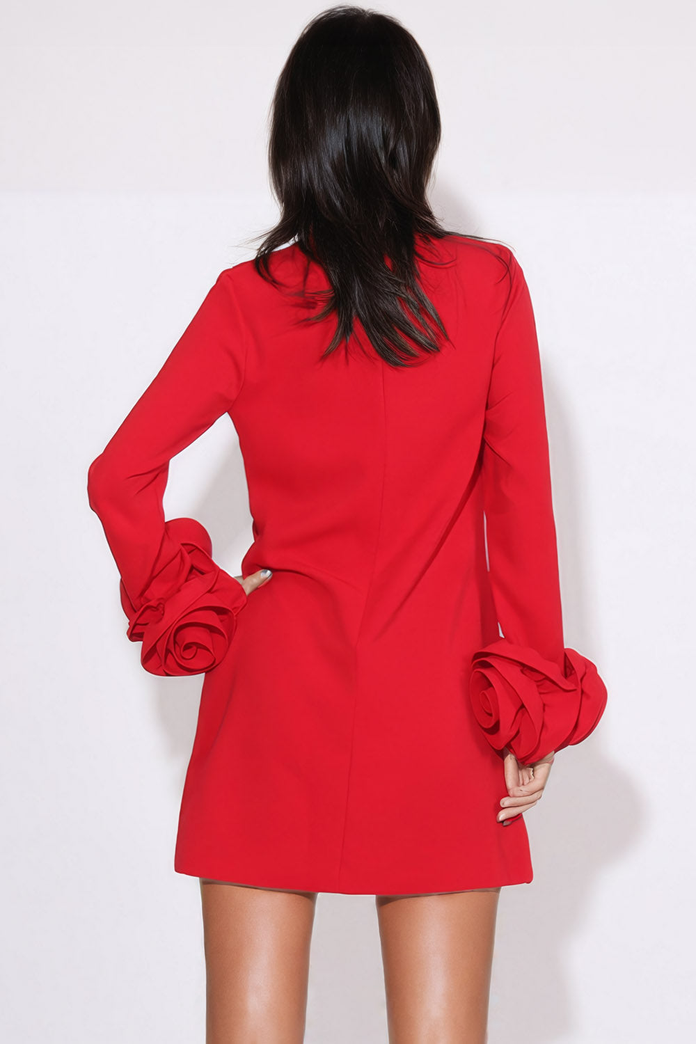 3D Flower Long Sleeve Mini Dress - Red