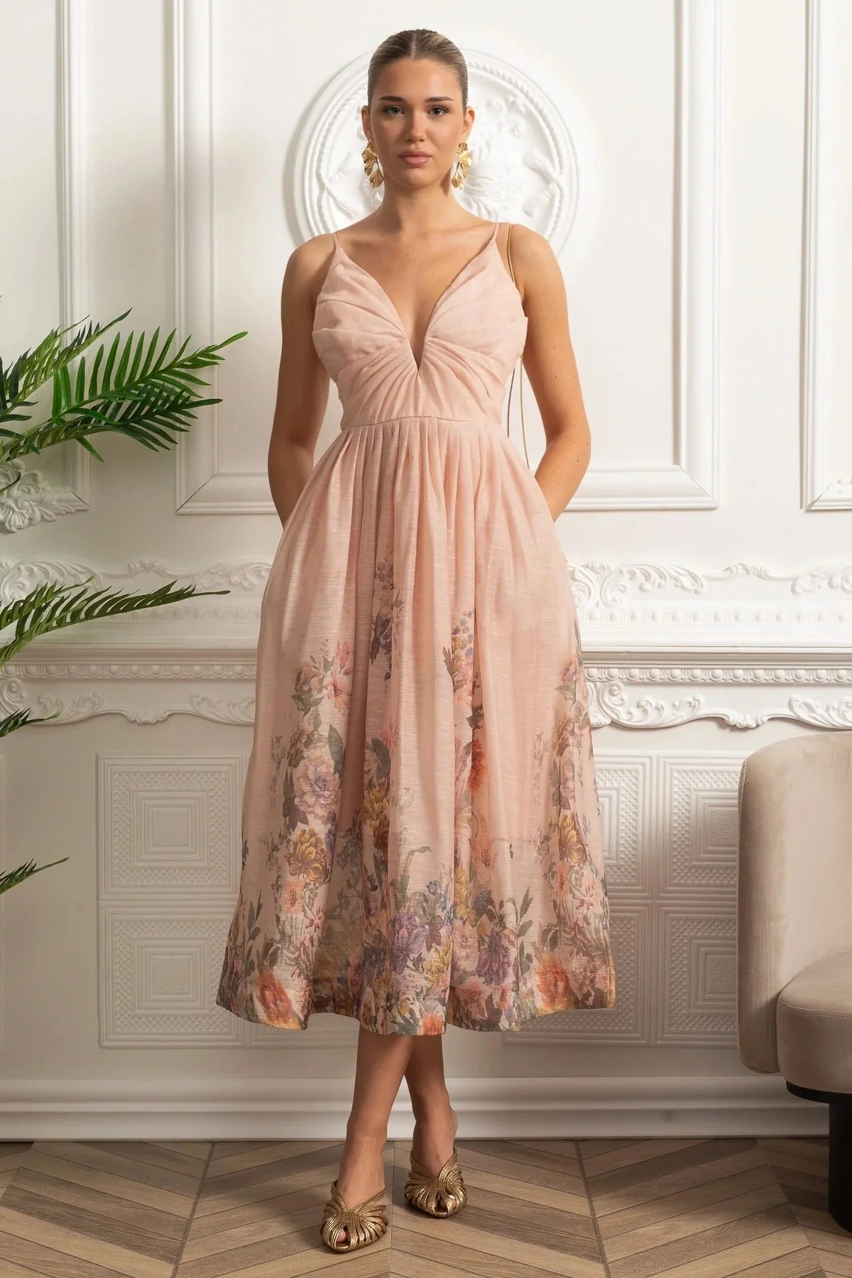 Floral Trim Midi Dress With Ruched Bodice - Pink