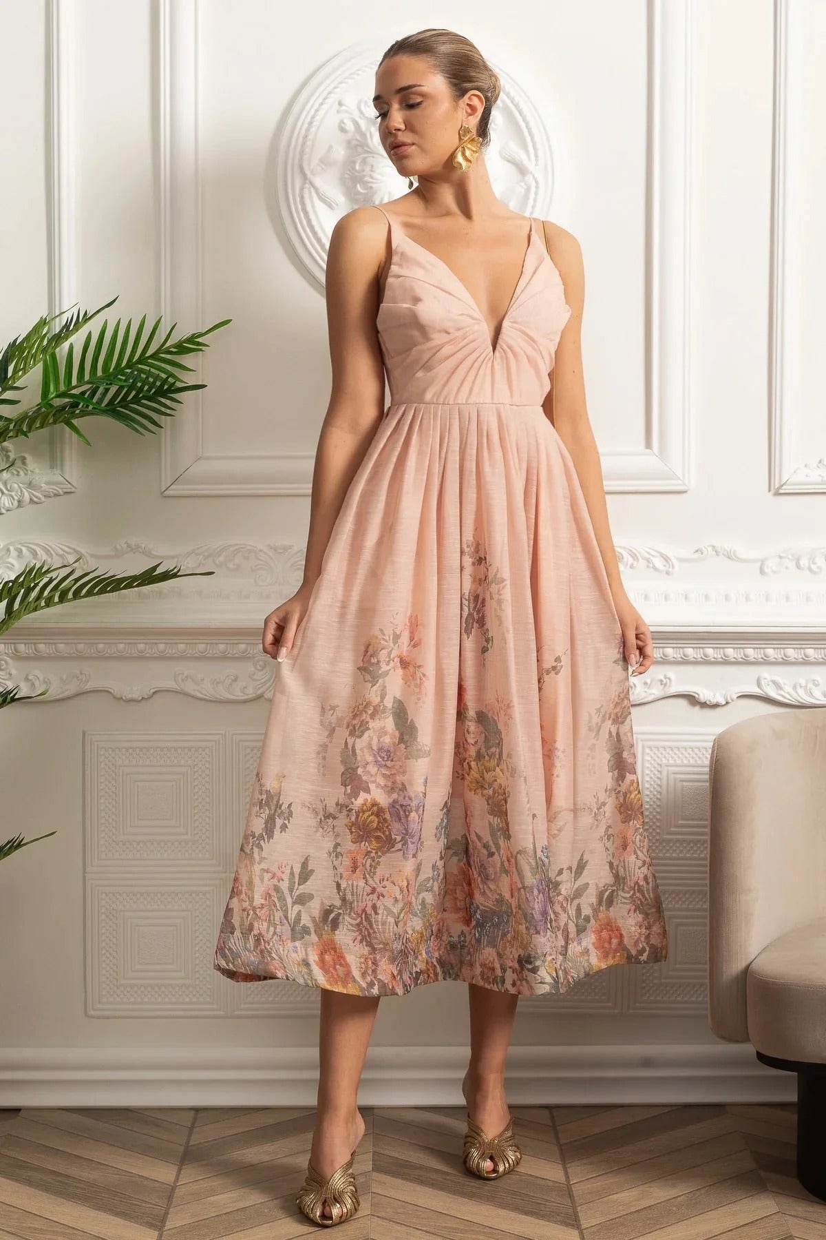 Floral Trim Midi Dress With Ruched Bodice - Pink