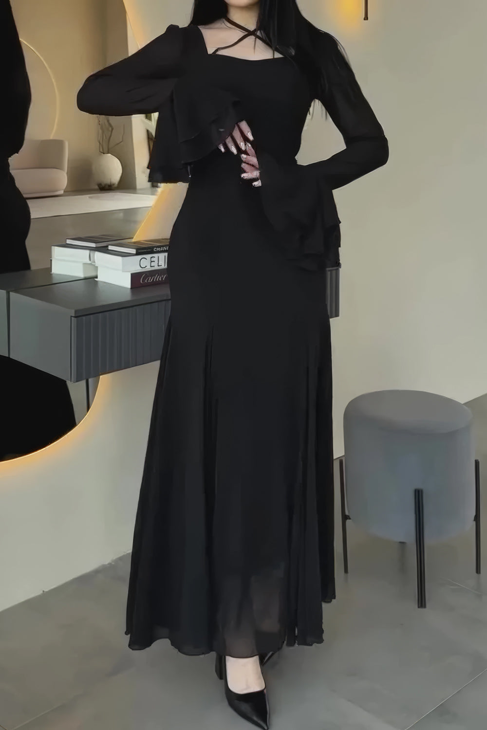 Flared Sleeve Maxi Dress with Cross-Strap Detail