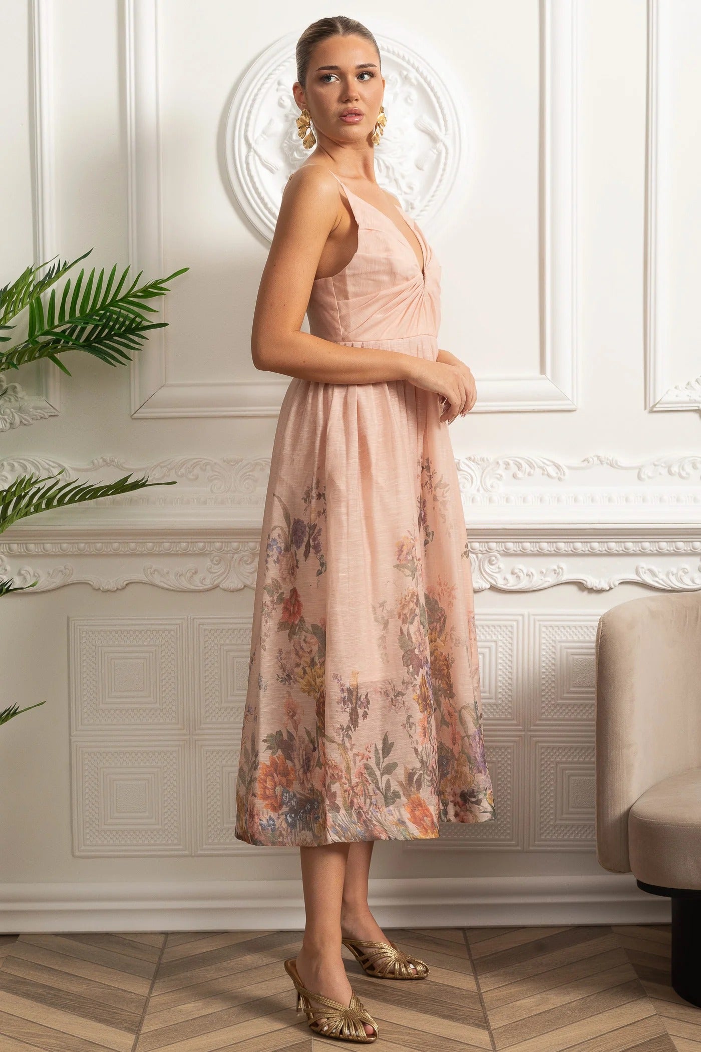Floral Trim Midi Dress With Ruched Bodice - Pink