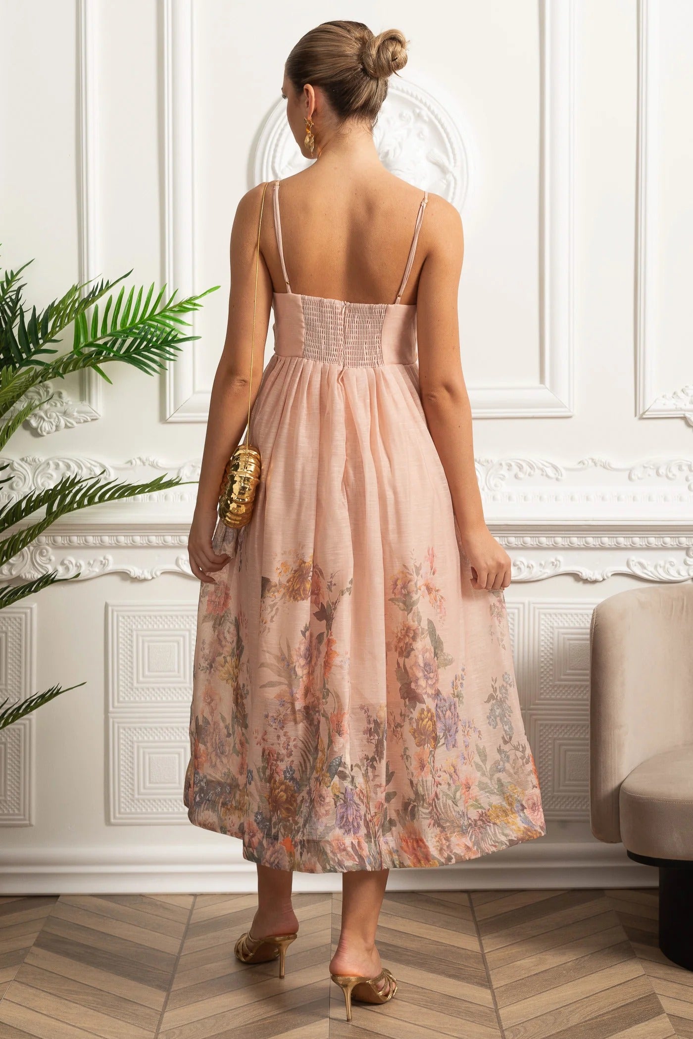 Floral Trim Midi Dress With Ruched Bodice - Pink