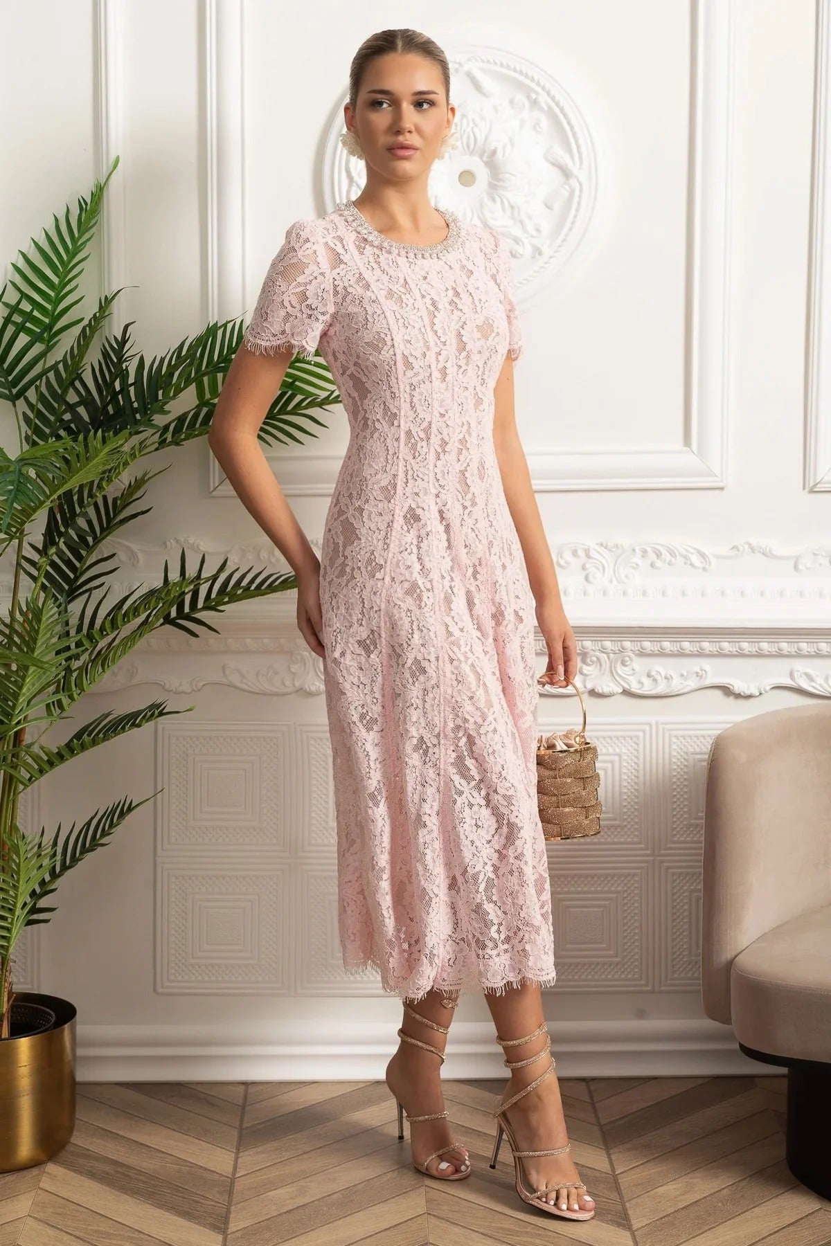 Embellished Lace Midi Dress With Sheer Sleeves - Pink