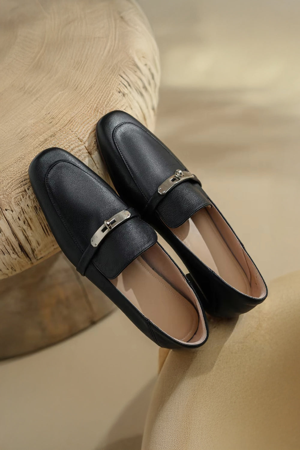 Flat Loafers with Silver Accent Strap - Black