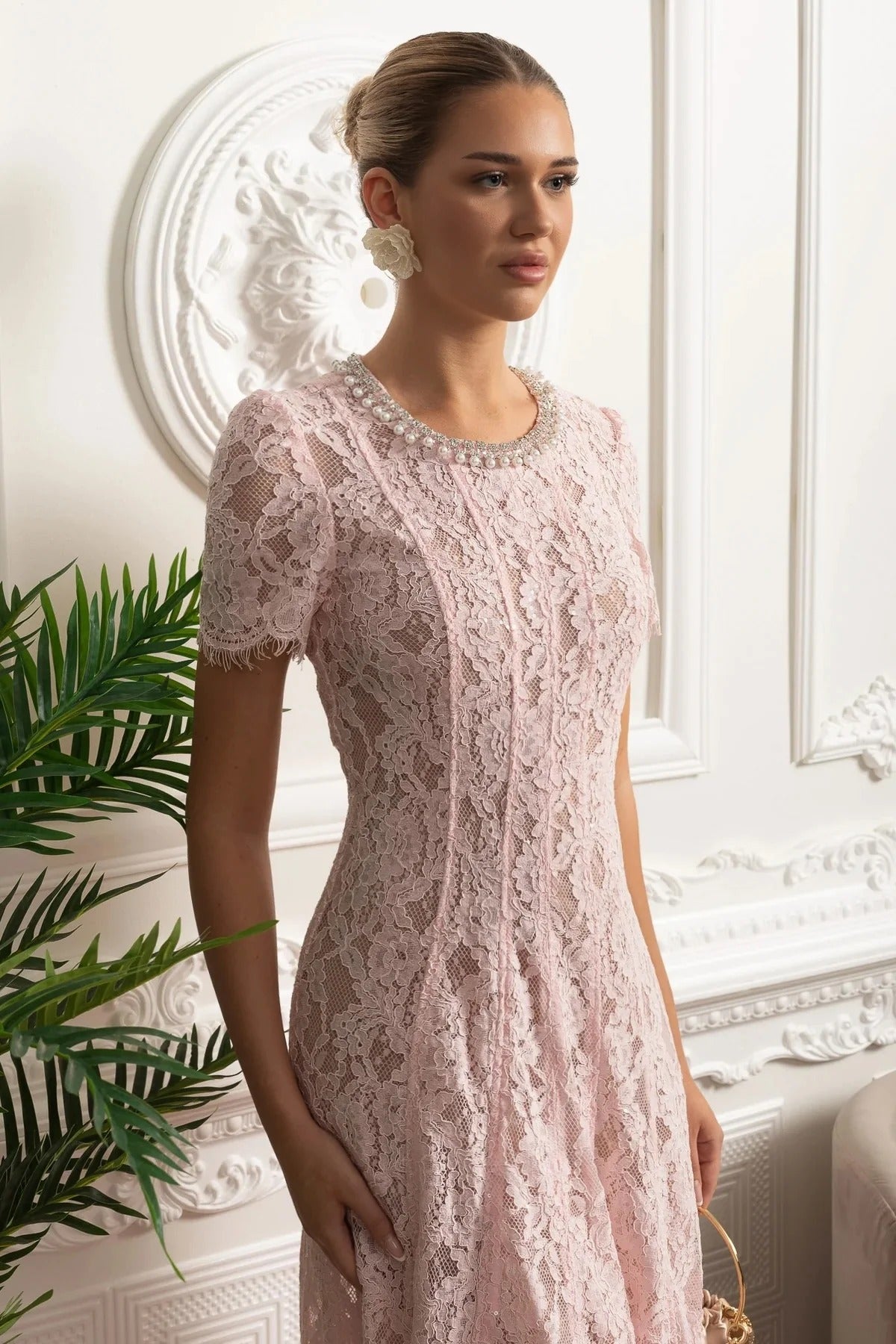 Embellished Lace Midi Dress With Sheer Sleeves - Pink