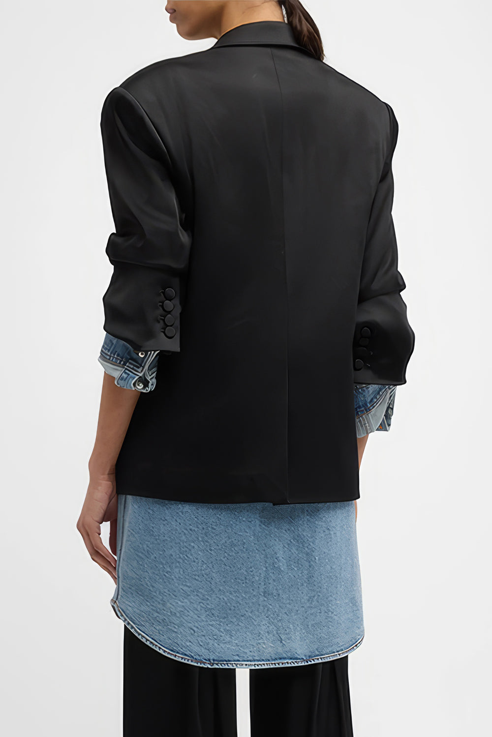 Dual-Layered Blazer with Denim Accents - Black