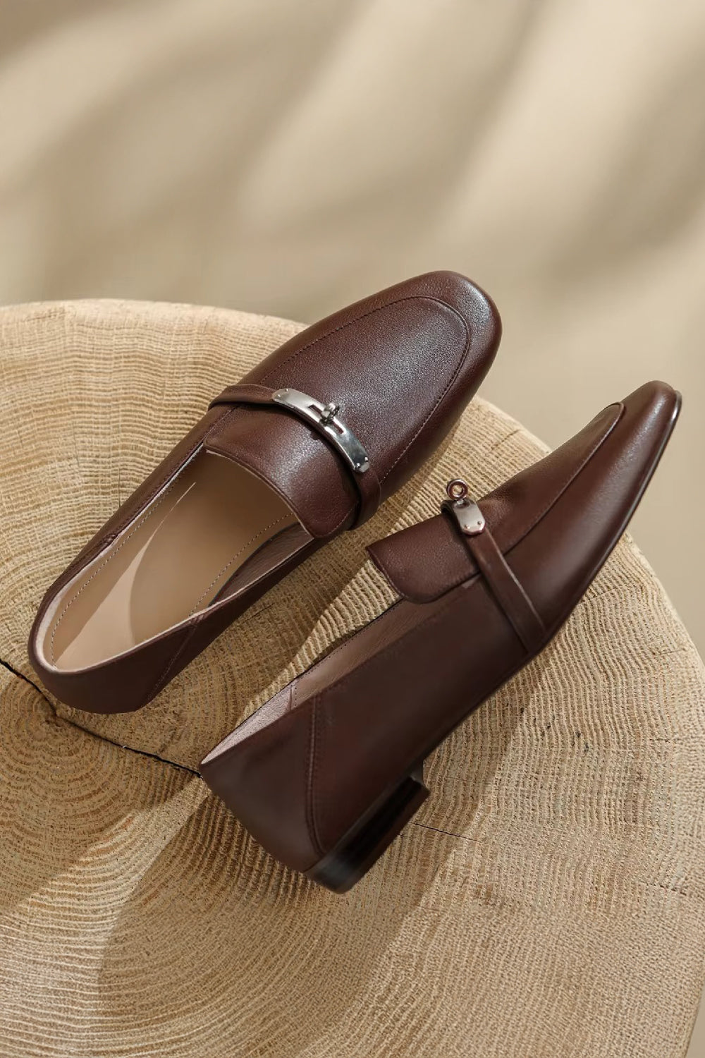 Flat Loafers with Silver Accent Strap - Brown
