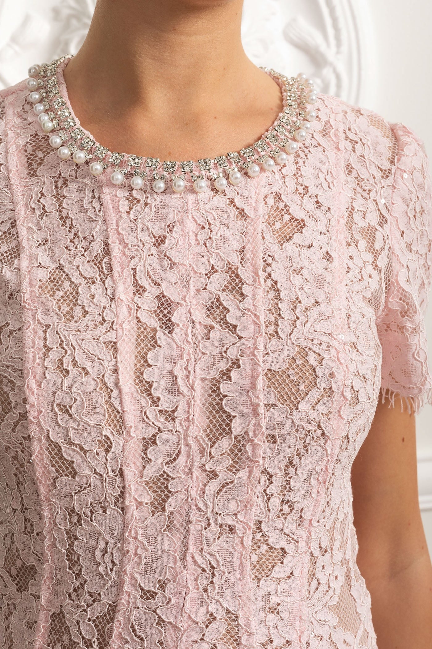 Embellished Lace Midi Dress With Sheer Sleeves - Pink