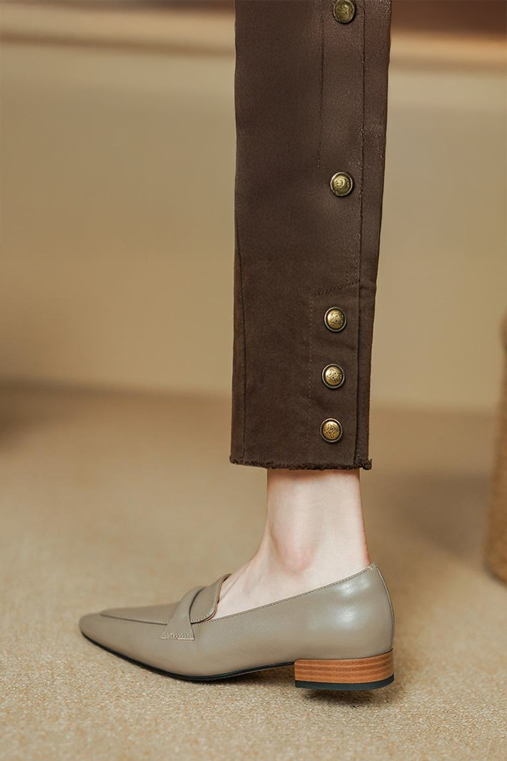 Flat Loafers with Wide Strap Detail - Beige