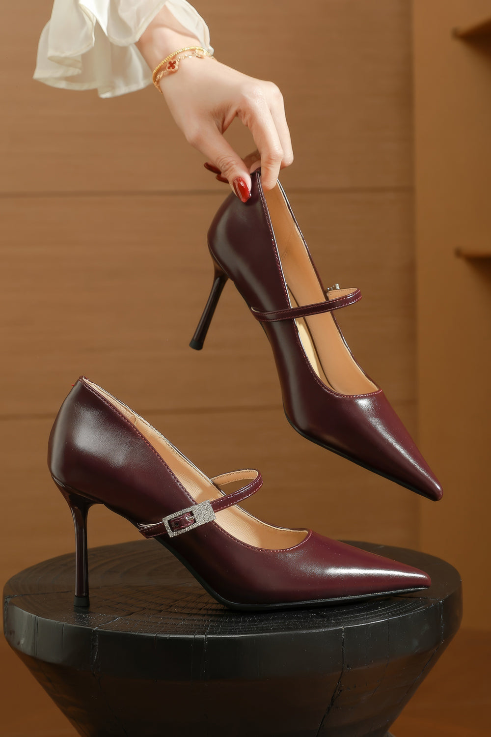 Pointed Toe Stiletto Heels with Strap Detail - Burgundy
