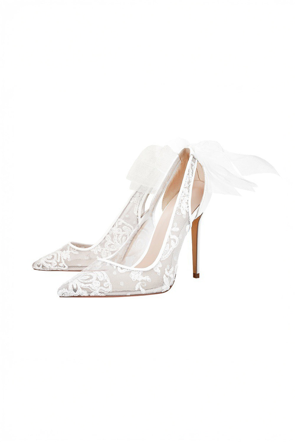 Pointed Toe Heels with Mesh Panel and Oversized Bow - White