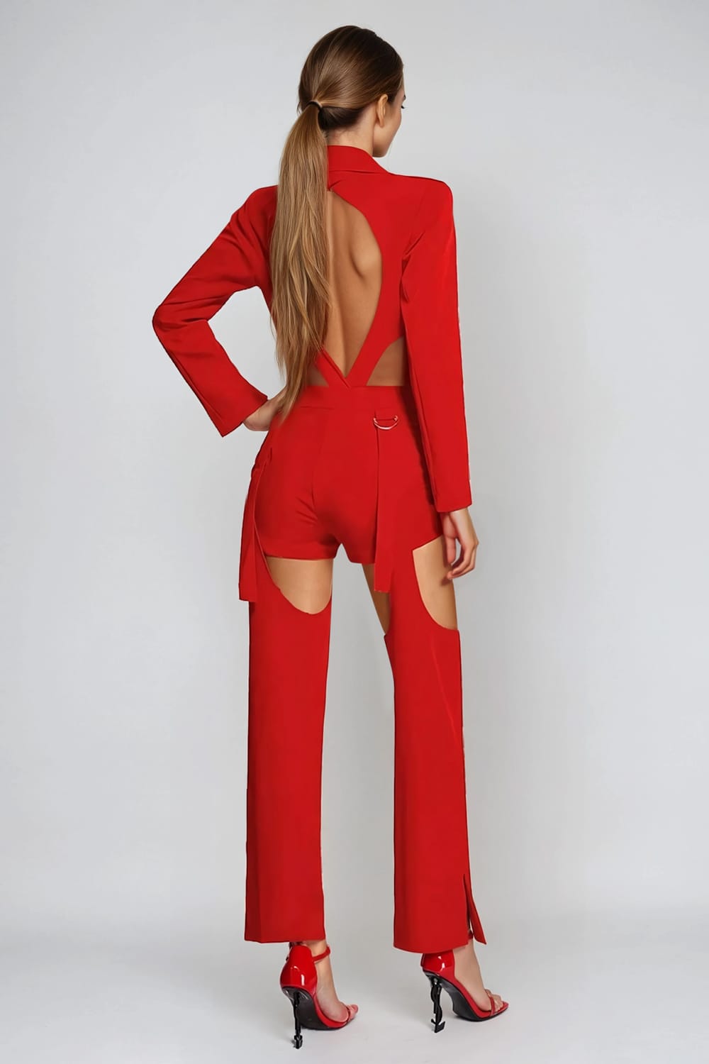 Two-Piece Set with Plunge Neck Blazer and Convertible Trousers - Red