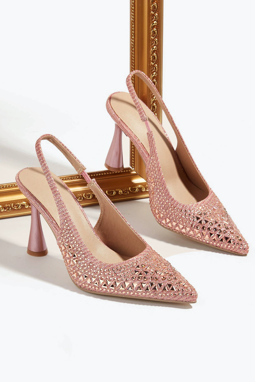 Pointed Slingback Heels with Allover Gem Detailing - Pink