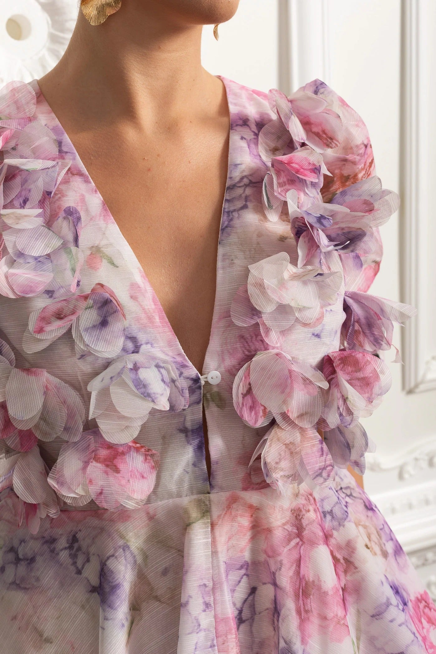 Puff Sleeve Mini Dress With 3D Floral Appliqués and Watercolor Print - Pink