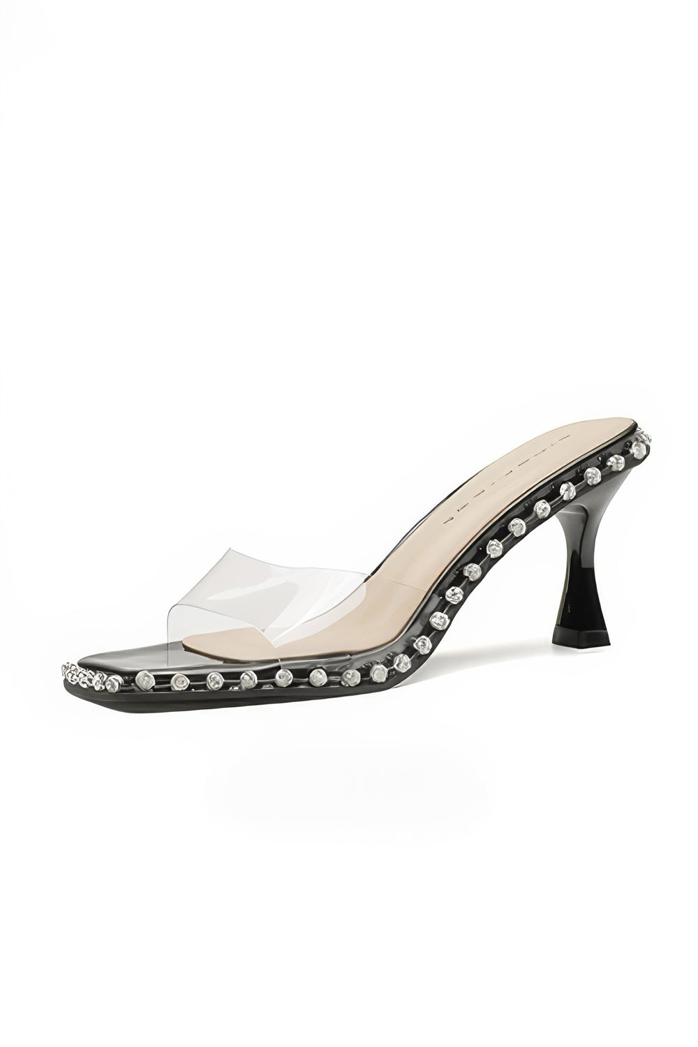 Slip-On Heels with Clear Strap and Gem Trim - Black